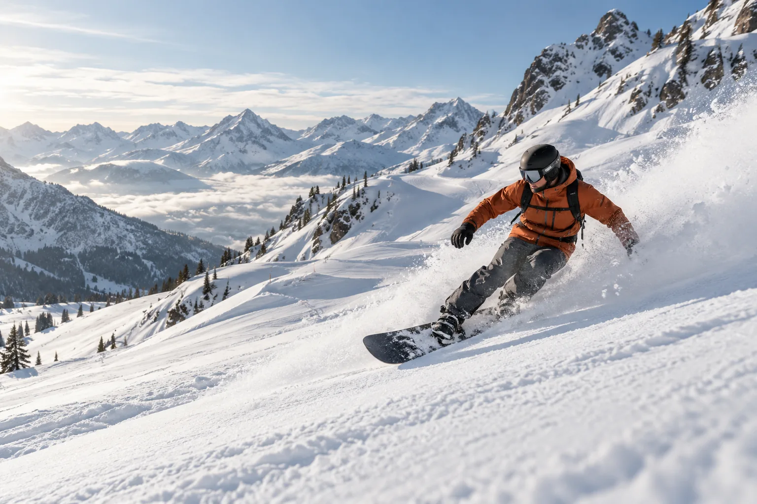 Snowboarder in een oranje jas maakt een bocht door de poedersneeuw in een alpien freeridepark.